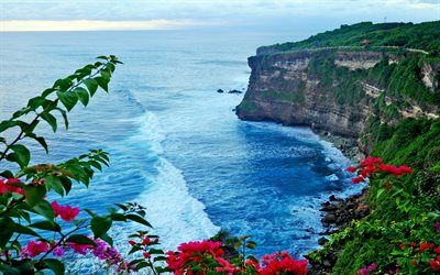 Sahile yakın Tapınak, deniz, kayalar, sahil, Bali, Endonezya