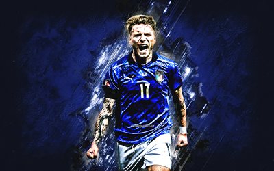 ciro immobile, italian jalkapallomaajoukkue, italialainen jalkapalloilija, muotokuva, sininen kivi tausta, italia, jalkapallo
