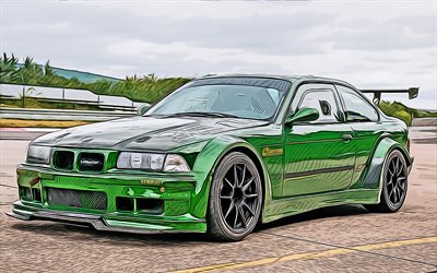 4k, BMW M3, vector art, e36, creative, supercars, tuning, drawing cars, BMW M3 e36, Green BMW M3, abstract cars, german cars, BMW