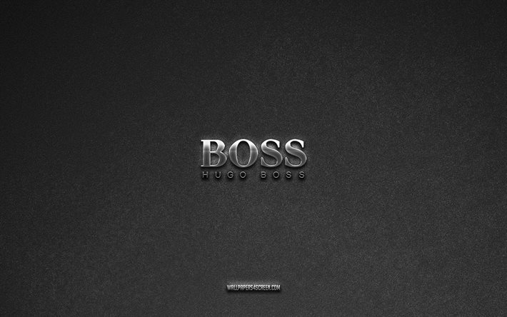 logo hugo boss, sfondo in pietra grigia, emblema hugo boss, loghi dei produttori, hugo boss, marchi dei produttori, logo in metallo hugo boss, struttura della pietra
