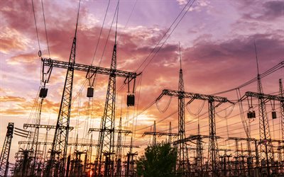 4k, power lines, evening, sunset, electricity transportation, electricity, transformers, electricity concepts, electrical production