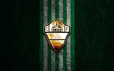 elche cf logo dorato, 4k, pietra verde sullo sfondo, la liga, squadra di calcio spagnola, elche cf logo, calcio, elche cf stemma, laliga, elche cf, elche fc