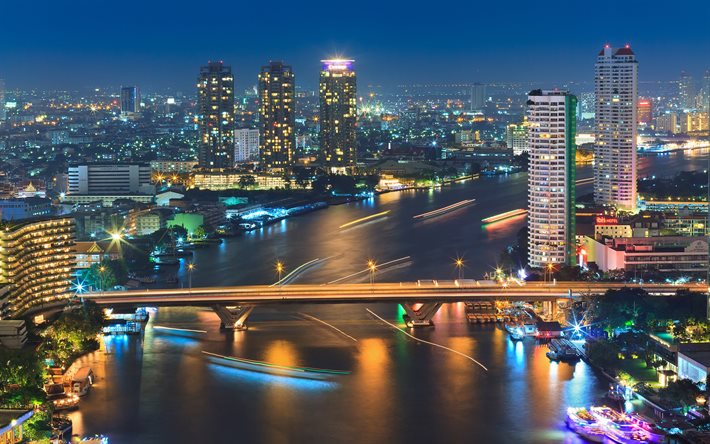 4k, bangkok, yömaisemat, modernit rakennukset, silta, thaimaalaiset kaupungit, thaimaa, aasia, bangkok yöllä, horisontti kaupunkimaisemat, bangkokin kaupunkikuva, bangkokin panoraama