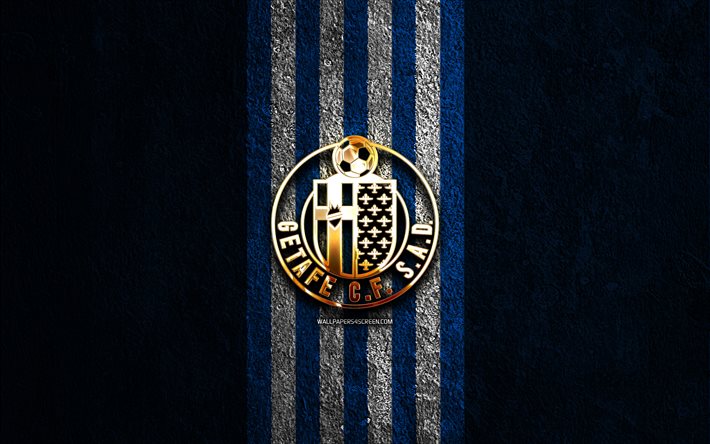 getafe cf logo dorato, 4k, pietra blu sullo sfondo, la liga, squadra di calcio spagnola, getafe cf logo, calcio, getafe cf emblema, laliga, getafe cf, getafe fc