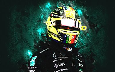 Lewis Hamilton, British racing driver, Mercedes-AMG Petronas F1 Team, Mercedes, Formula 1, blue stone background, FC, Hamilton Mercedes F1 Team