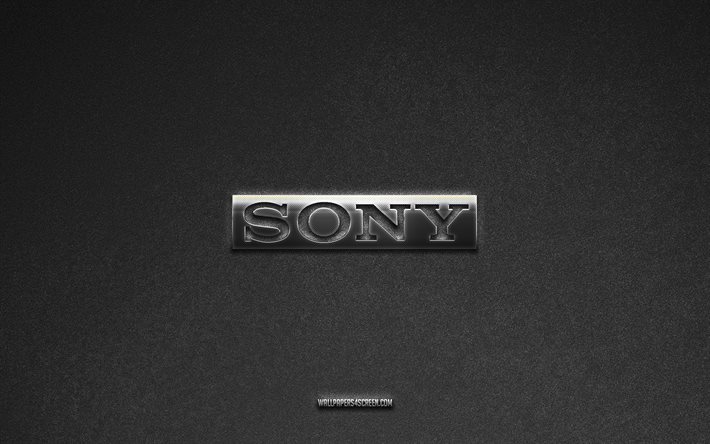 sony-logo, harmaa kivitausta, sony-tunnus, valmistajan logot, sony, valmistajan merkit, sony metallilogo, kivirakenne