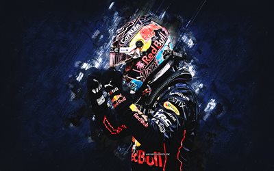 Max Verstappen, Dutch racing driver, Red Bull Racing, Max Emilian Verstappen, Oracle Red Bull Racing, Formula 1, Red Bull, blue stone background, F1, Verstappen Red Bull