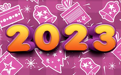 4k, 2023 feliz año nuevo, dígitos 3d amarillos, patrones navideños, 2023 conceptos, 2023 dígitos 3d, decoraciones navideñas, feliz año nuevo 2023, creativo, 2023 fondo púrpura, año 2023