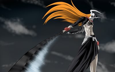 Ichigo 구로사키, 4k, 캐릭터, 칼, manga, 표백제