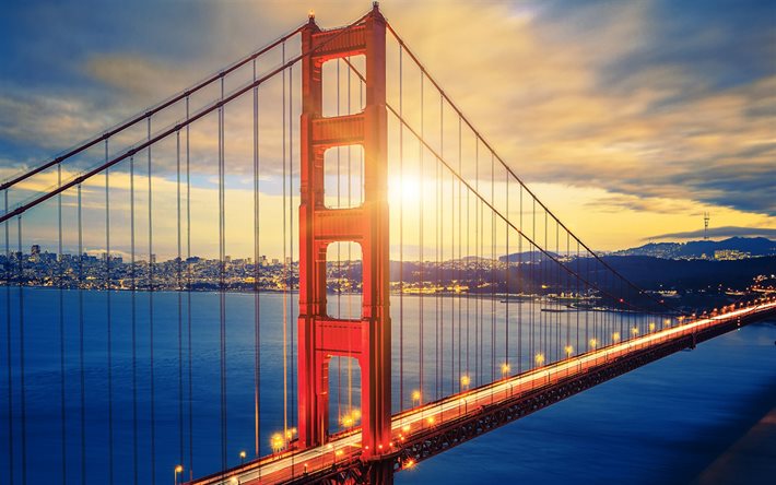 Puente Golden Gate, estados unidos, puesta de sol, en San Francisco, estados UNIDOS