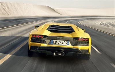 लेम्बोर्गिनी Aventador एस, 2017, इतालवी सुपरकार, पीछे देखने, रेसिंग कार, Aventador, पीले, सड़क, फ्रीवे, गति, लेम्बोर्गिनी