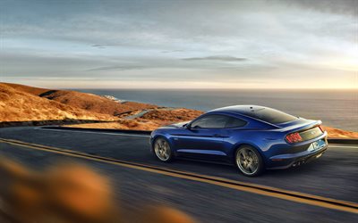 Ford Mustang GT, 2018, American supercar, vue de côté, bleu Mustang, route, autoroute, la vitesse, la Ford