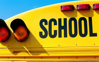 school bus, 4k, USA, transportation of schoolchildren, yellow bus, transportation, flashing lights on the bus