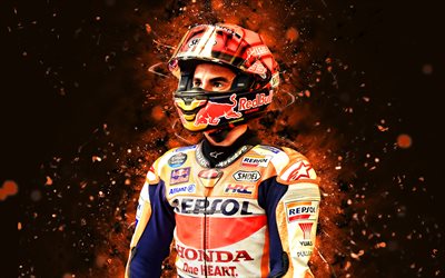 Marc Marquez, 4k, orange neon lights, Repsol Honda Team, MotoGP, spanish motorcycle racers, creative, orange abstract background, motorcyclists, Marc Marquez Alenta, Marc Marquez 4K, Repsol Honda