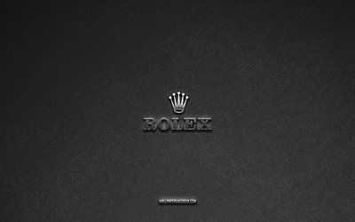 rolex-logo, grauer steinhintergrund, rolex-emblem, herstellerlogos, rolex, herstellermarken, rolex-metalllogo, steinstruktur