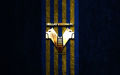 Hellas Verona golden logo, 4k, blue stone background, Serie A, Italian football club, Hellas Verona logo, soccer, Hellas Verona emblem, Hellas Verona, football, Hellas Verona FC