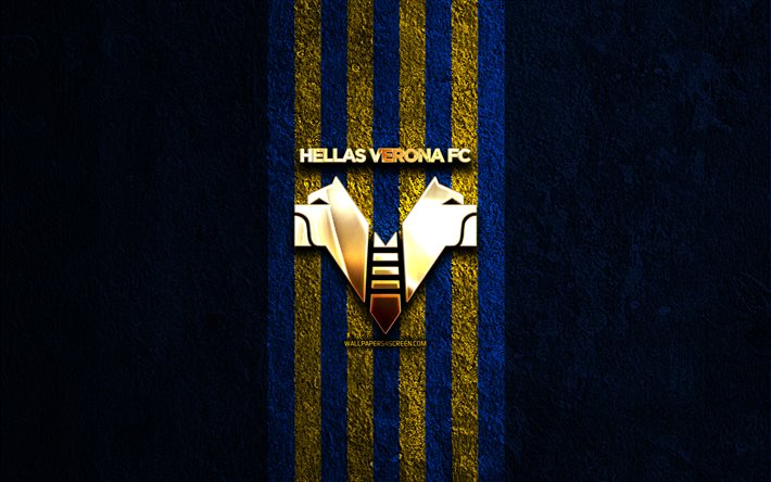 हेलस वेरोना गोल्डन लोगो, 4k, नीले पत्थर की पृष्ठभूमि, सीरी ए, इतालवी फुटबॉल क्लब, हेलस वेरोना लोगो, फ़ुटबॉल, हेलस वेरोना प्रतीक, हेलस वेरोना, हेलस वेरोना fc