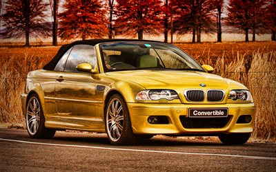 bmw m3 cabriolet, hdr, 2004 voitures, e46, za-spec, tuning, 2004 bmw m3, jaune bmw m3, bmw e46, voitures allemandes, bmw
