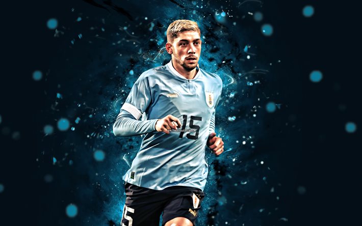 Federico Valverde, 4k, 2022, Uruguay National Team, soccer, footballers, blue neon lights, Uruguayan football team, Federico Valverde 4K