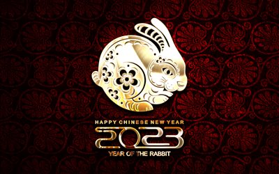 4k, Chinese New Year 2023, creative, 2023 golden digits, Year of the Rabbit, 2023 concepts, 2023 Happy New Year, Water Rabbit, Happy New Year 2023, chinese zodiac signs, Year of the Rabbit 2023, 2023 red background, 2023 year