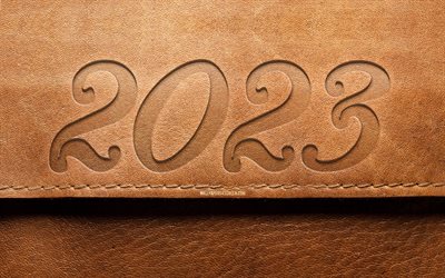 2023 feliz año nuevo, 4k, fondo de cuero marrón, dígitos deprimidos, 2023 conceptos, creativo, 2023 dígitos 3d, feliz año nuevo 2023, 2023 fondo de cuero, 2023 año