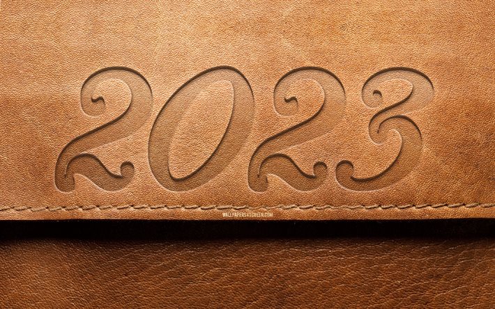 2023 bonne année, 4k, fond en cuir marron, chiffres déprimés, 2023 concepts, créatif, 2023 chiffres 3d, bonne année 2023, 2023 fond en cuir, 2023 année
