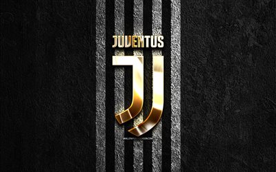 Juventus golden logo, 4k, black stone background, Serie A, Italian football club, Juventus logo, soccer, Juventus emblem, Juventus, football, Juventus FC