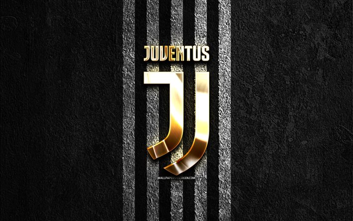 شعار يوفنتوس الذهبي, 4k, الحجر الأسود الخلفية, دوري الدرجة الاولى الايطالي, نادي كرة القدم الإيطالي, شعار يوفنتوس, كرة القدم, يوفنتوس