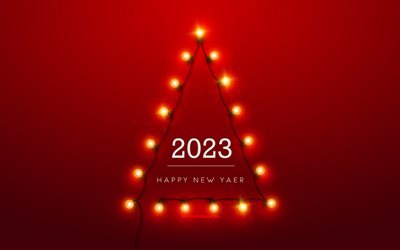 2023 Happy New Year, 4k, 2023 Christmas background, 2023 Christmas tree, 2023 concepts, 2023 red background, 2023 greeting card, Happy New Year 2023, light bulbs