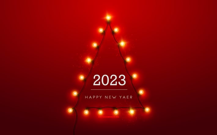 2023 felice anno nuovo, 4k, 2023 sfondo di natale, 2023 albero di natale, 2023 concetti, 2023 sfondo rosso, 2023 biglietto di auguri, felice anno nuovo 2023, lampadine