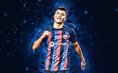 Pedri, 4k, 2022, FC Barcelona, blue neon lights, soccer, spanish footballers, Pedri 4K, Barca, blue abstract background, football, Pedri Barcelona, FCB