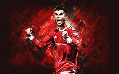 Cristiano Ronaldo, Manchester United FC, CR7, Champions League, red stone background, grunge art, portuguese football player, Man Utd, England, football, Man United