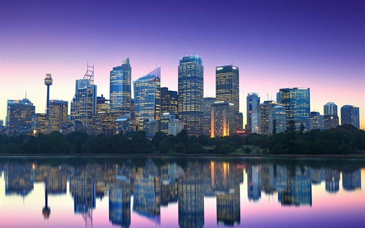 austrália, sydney, construção, reflexão, cidade à noite