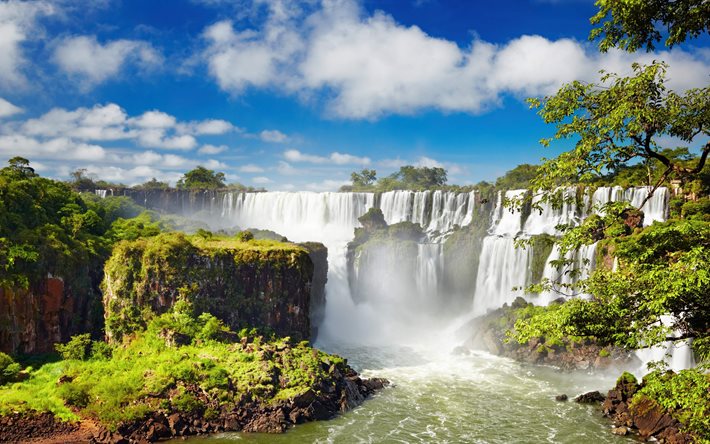 Iguazu Falls, 5k, şelaleler, yaz, Iguazu Nehri, rock, Arjantin