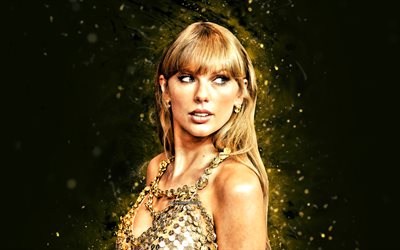 Taylor Swift, 4k, yellow neon lights, american singer, music stars, Taylor Alison Swift, yellow abstract background, american celebrity, Taylor Swift 4K