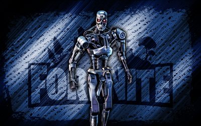 T-800 Fortnite, 4k, blue diagonal background, grunge art, Fortnite, artwork, T-800 Skin, Fortnite characters, T-800, Fortnite T-800 Skin