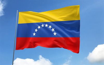 venezuelan lippu lipputankoon, 4k, etelä amerikan maat, sinitaivas, venezuelan lippu, aaltoilevat satiiniliput, venezuelan kansalliset symbolit, lipputanko lipuilla, venezuelan päivä, etelä amerikka, venezuela