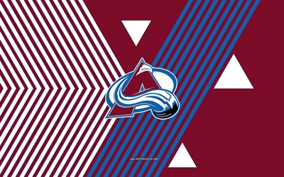 colorado avalanche logo, 4k, amerikanische eishockeymannschaft, kastanienbraune blaue linien hintergrund, colorado lawine, nhl, vereinigte staaten von amerika, strichzeichnungen, colorado avalanche emblem, eishockey