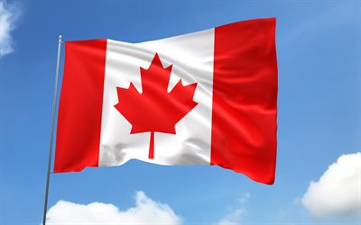 canadá bandera en asta de bandera, 4k, paises de america del norte, cielo azul, bandera de canadá, banderas de raso ondulado, bandera canadiense, símbolos nacionales canadienses, asta con banderas, dia de canada, américa del norte, canadá