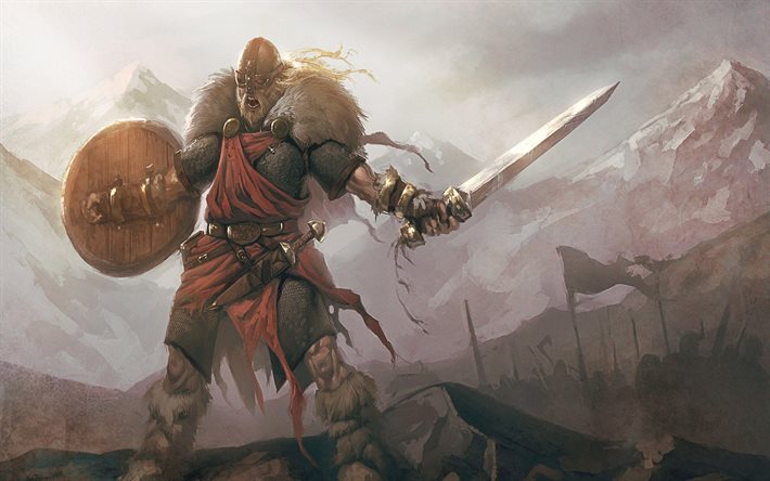 viking, guerrier, épée, armure