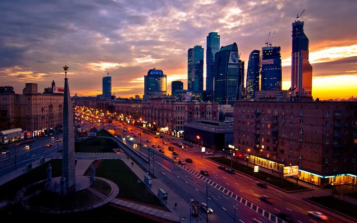 moskva stad, solnedgång, skyskrapor, utsikt, moskva, ryssland