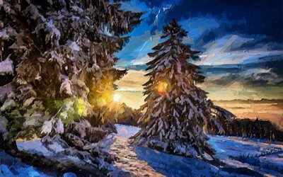 sunset, winter, drawing, trees, snow