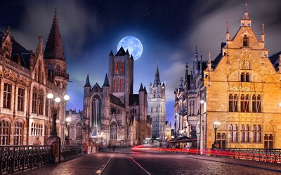 Ghent, night, moon, traffic lights, Belgium