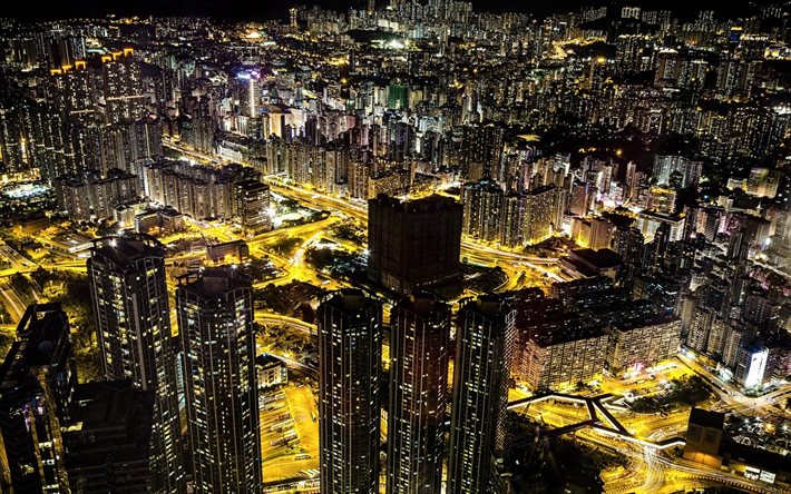 hong kong, natt, skyskrapor, panorama, kina, asien