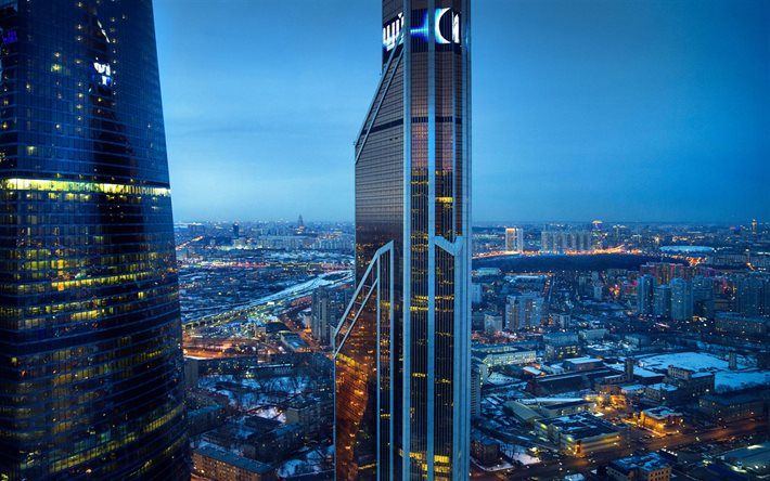 모스크바 시내, 밤, 고층 빌딩, 모스크바, 러시아