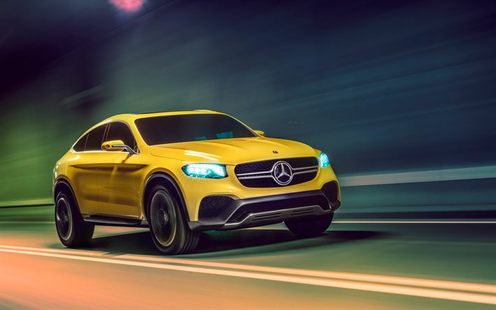 Mercedes-Benz GLC Coupe, gece, hareket, 2017 araba, sarı GLC, Mercedes