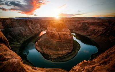 Río Colorado, cañón, las rocas, la Curva de la Herradura, puesta de sol, estados UNIDOS, Arizona, estados unidos