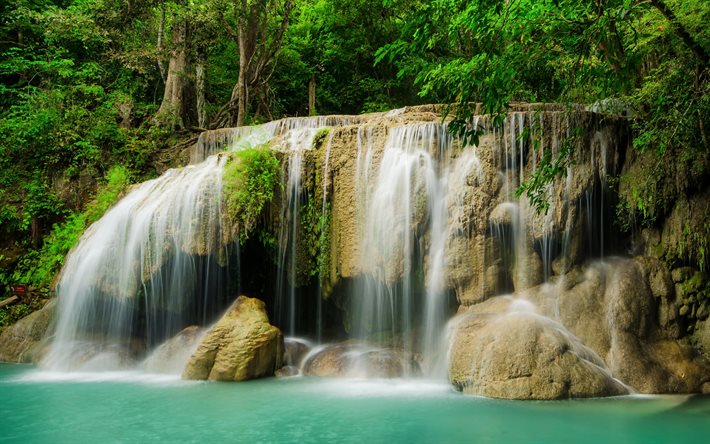 Waterfall, forest, jungle, Thailand, lake