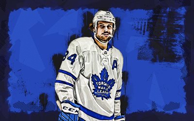 4k, Auston Matthews, fan art, Toronto Maple Leafs, NHL, grunge art, hockey, Auston Matthews 4K, blue grunge background, Auston Matthews Toronto Maple Leafs