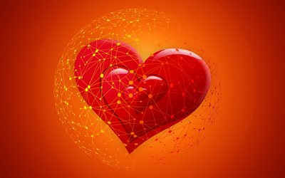 قلب ثلاثي الأبعاد أحمر, 4k, فن تجريدي, شبكة تجريدية, مفاهيم الحب, قلوب ثلاثية الأبعاد, خلفية مع القلب, قلوب